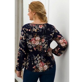 Dark-blue Floral Print Knotted V Neck Casual Plus Size Blouse