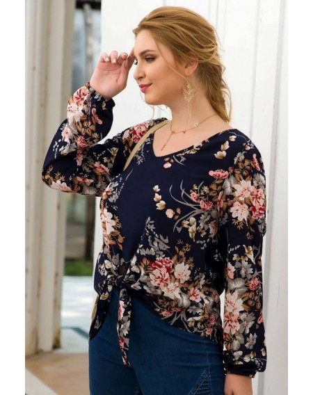 Dark-blue Floral Print Knotted V Neck Casual Plus Size Blouse