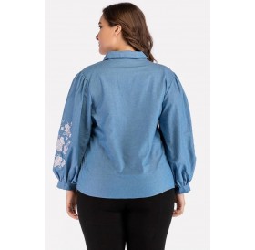 Light-blue Floral Embroidery Lapel Long Sleeve Casual Plus Size Blouse