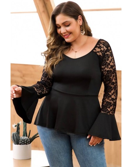 Black Lace Splicing Flare Sleeve Casual Plus Size T Shirt