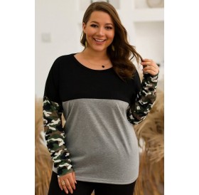 Gray Camouflage Splicing Casual Plus Size T Shirt