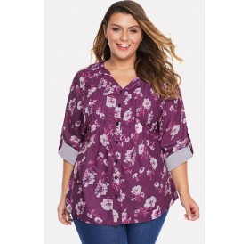 Hot-pink Floral Print Button Up Casual Plus Size Blouse