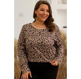 Leopard Round Neck Long Sleeve Casual Plus Size T Shirt