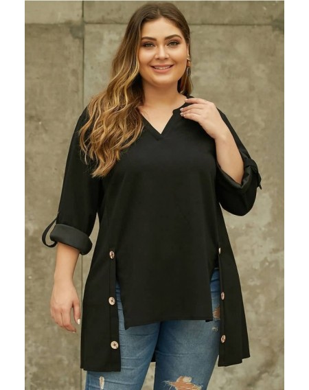 Black Button Decor V Neck Roll Up Sleeve Casual Plus Size Blouse
