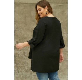 Black Button Decor V Neck Roll Up Sleeve Casual Plus Size Blouse
