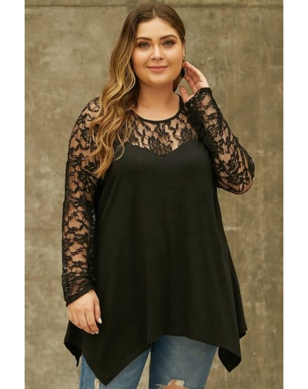 Black Lace Splicing Long Sleeve Casual Plus Size T Shirt