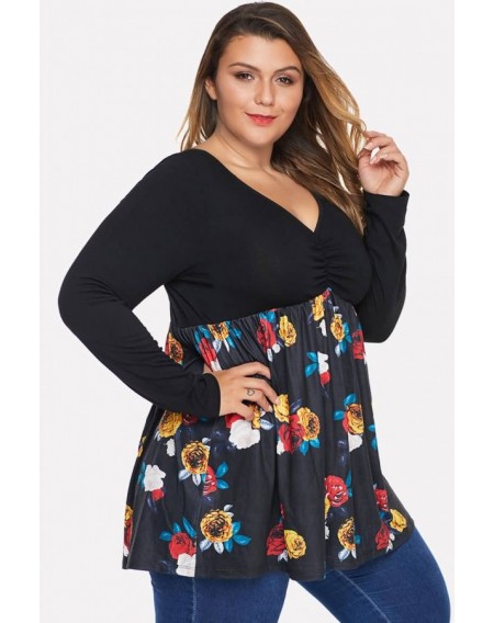 Black Floral Print Splicing Ruched Casual Plus Size T Shirt