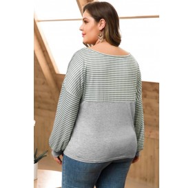 Light-gray Stripe Puff Sleeve Casual Plus Size T Shirt