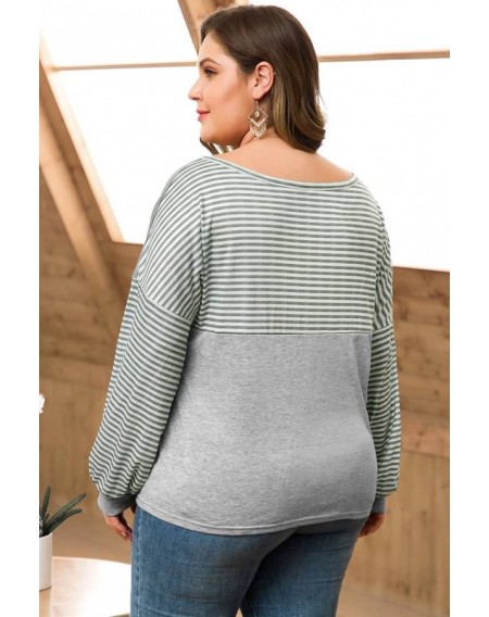 Light-gray Stripe Puff Sleeve Casual Plus Size T Shirt