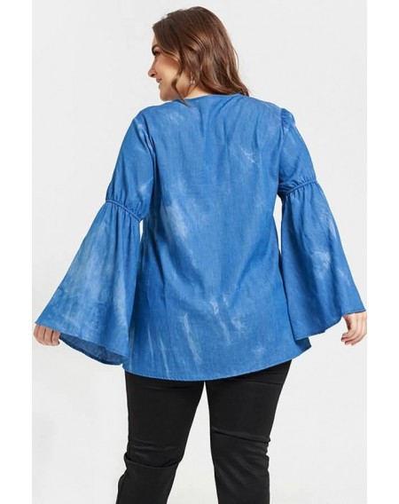 Blue V Neck Flare Sleeve Casual Denim Plus Size Blouse