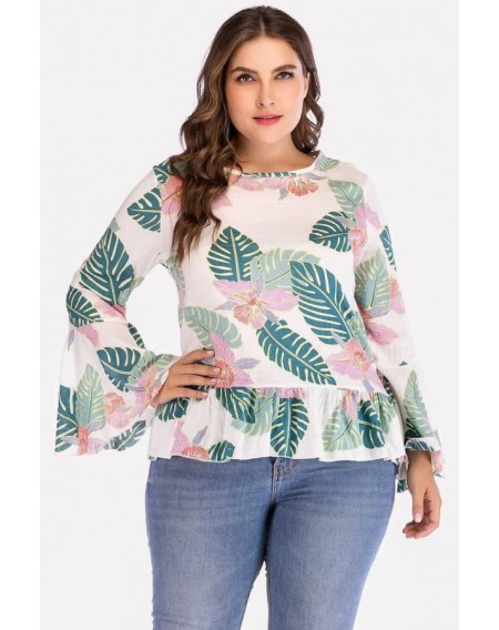 White Leaf Print Round Neck Flare Sleeve Casual Plus Size Blouse