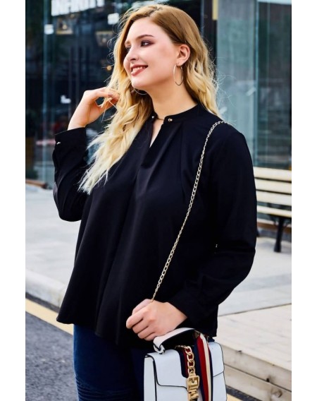 Black Stand Collar Long Sleeve Casual Plus Size Blouse