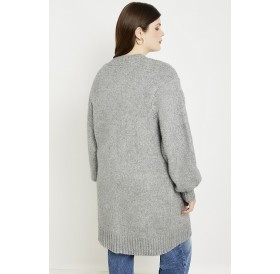 Gray Pocket Open Front Long Sleeve Casual Plus Size Cardigan Sweater