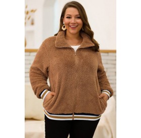 Brown Faux Fur Zipper Up Pocket Casual Plus Size Sweatshirt