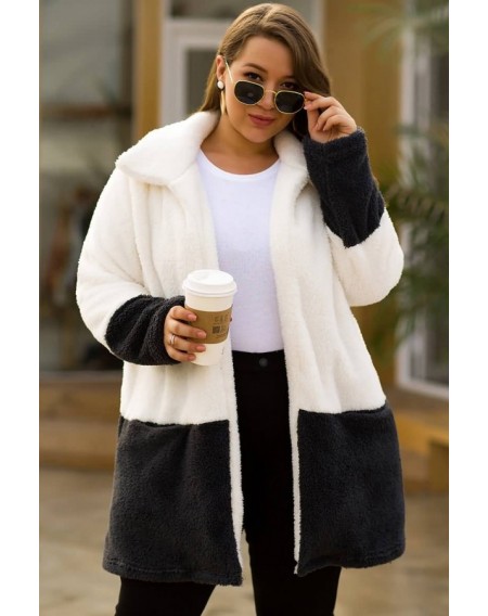 Black-white Faux Fur Two Tone Casual Plus Size Cardigan Coat