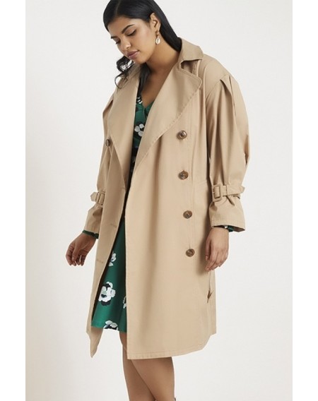 Khaki Belt Double Breasted Long Sleeve Casual Plus Size Trench Coat