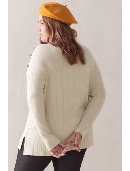 Beige Button Decor Mock Neck Long Sleeve Casual Plus Size Pullover Sweater