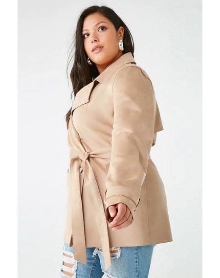 Khaki Suede Tied Double Breasted Long Sleeve Casual Plus Size Trench Coat