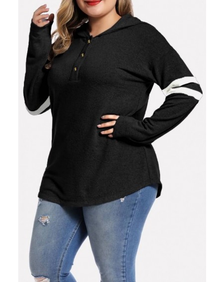 Black Stripe Contrast Button Up Casual Plus Size Hoodie