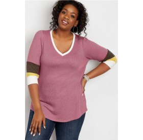 Pink Color Block V Neck Casual Plus Size Sweater
