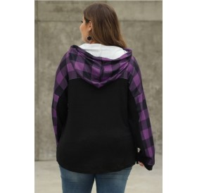 Purple Plaid Pocket Long Sleeve Casual Plus Size Hoodie