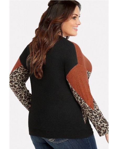 Brown Leopard Splicing Round Neck Casual Plus Size Sweatshirt