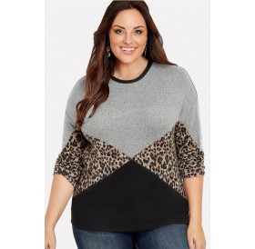 Gray Leopard Splicing Round Neck Casual Plus Size Sweatshirt
