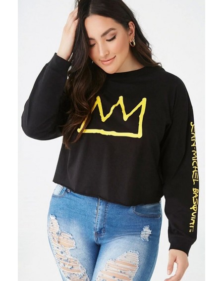 Black Crown Letters Print Crew Neck Long Sleeve Casual Plus Size Sweatshirt
