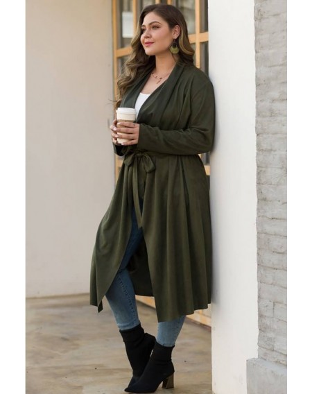 Army-green Tied Long Sleeve Casual Plus Size Trench Coat