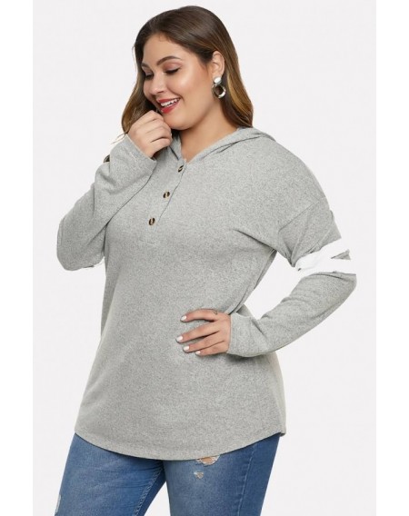 Light-gray Stripe Contrast Button Up Casual Plus Size Hoodie
