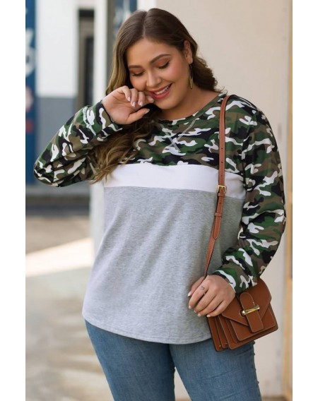 Light-gray Camouflage Round Neck Casual Plus Size Sweatshirt