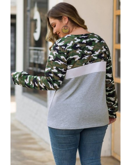 Light-gray Camouflage Round Neck Casual Plus Size Sweatshirt