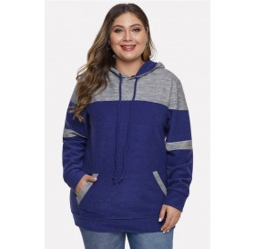 Blue Two Tone Pocket Long Sleeve Casual Plus Size Hoodie