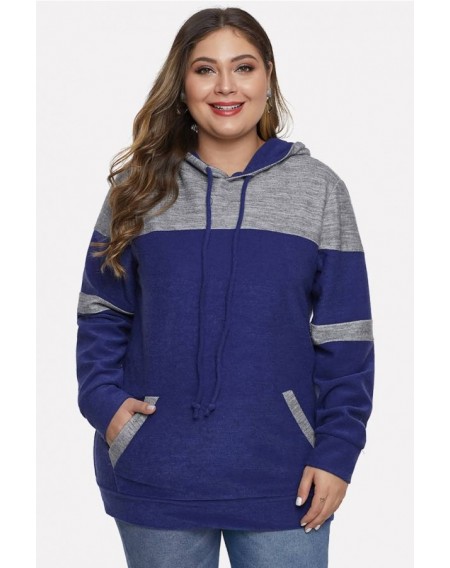 Blue Two Tone Pocket Long Sleeve Casual Plus Size Hoodie