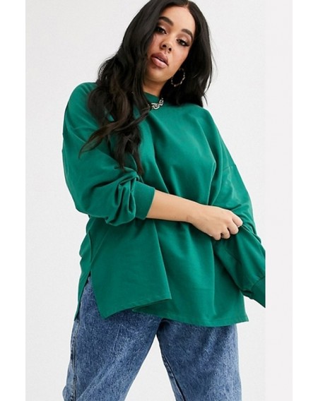 Teal Round Neck Slit Long Sleeve Casual Plus Size Sweatshirt