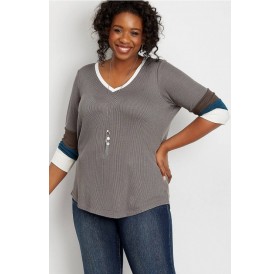Gray Color Block V Neck Casual Plus Size Sweater