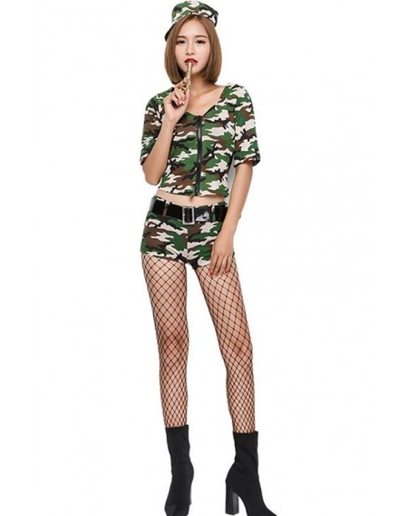 Green Camouflage Print Army Sexy Cosplay Costume