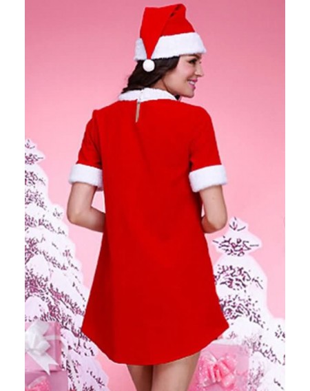Red Splicing Dress Pom Pom Bow Cute Christmas Costume