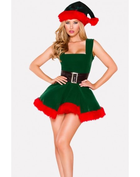 Green Square Neck Dress Hat Sexy Christmas Costume