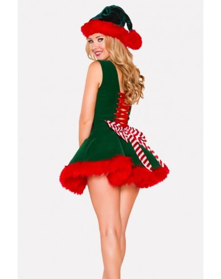 Green Square Neck Dress Hat Sexy Christmas Costume