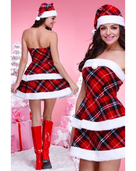 Red Faux Fur Plaid Dress Sexy Christmas Santas Costume