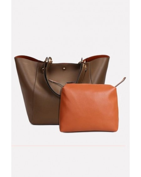 Khaki Faux Leather Two-piece Tote Handbag Set