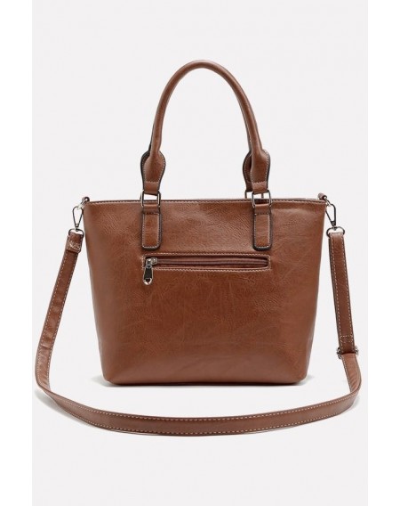 Brown Faux Leather Zip Pocket Convertible Strap Tote Handbag