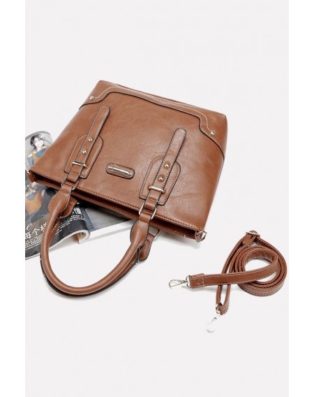 Brown Faux Leather Zip Pocket Convertible Strap Tote Handbag