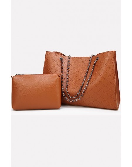 Brown Plaid Chain Double Handle Two-piece Set Tote Handbag