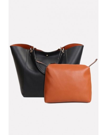 Black Faux Leather Two-piece Tote Handbag Set
