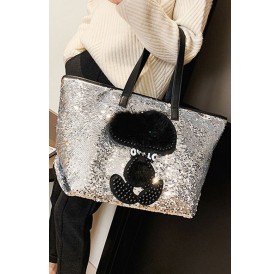 Silver Glitter Sequin Beaded Faux Fur Cartoon Tote Handbag