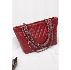 Red Quilted Chain Double Handle Tote Handbag