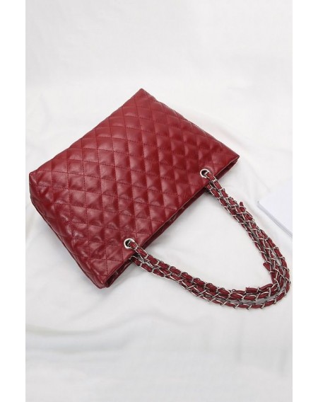 Red Quilted Chain Double Handle Tote Handbag