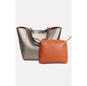 Bronze Faux Leather Two-piece Set Tote Handbag